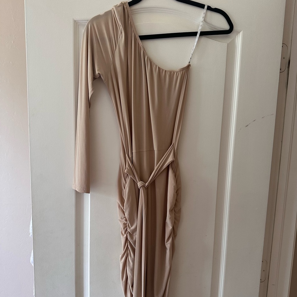 Nude one shoulder maxi dress long sleeve